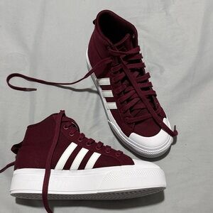 Adidas Maroon High-Top Sneakers with White Stripes